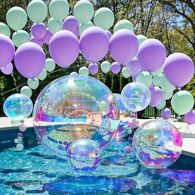 14 Pcs Iridescent Round Foil Balloons 22/15/10 Holographic 4D Ball Balloons Clear Balloon Ornament Mylar Balloon for Girls Mermaid Under The Sea Rainbow Birthday Wedding Disco Party Decoration