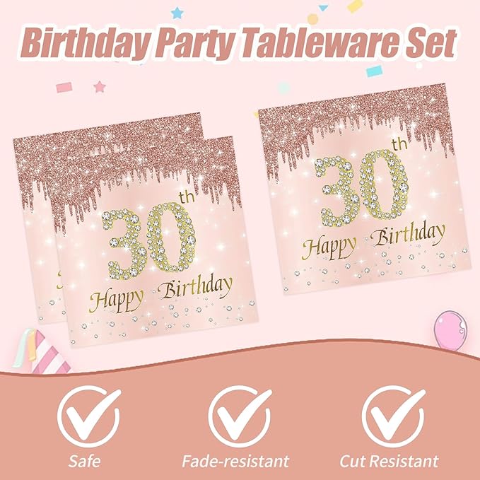30th Rose Gold Birthday Plates and Napkins, 9 Inch Pink Rose Gold Disposable Dinner Dessert Plates Happy 30th Birthday Party Supplies Decorations for Girls Women