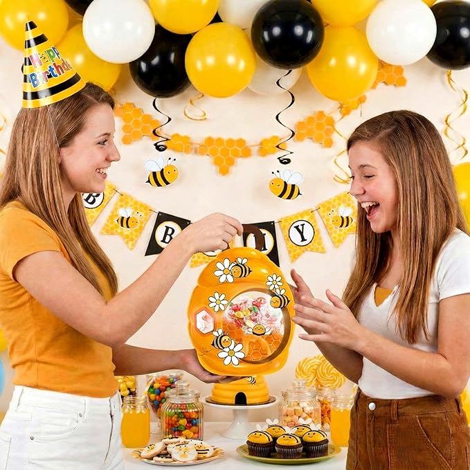 ReliThick 50 Pcs Bee Gift Bags with Handles, Sealed Plastic Honeycomb Bee Party Favors Bags Bulk Daisy Honey Goodie Candy Treat Pouch for Snack Spring Summer Birthday Baby Shower Decor Supply