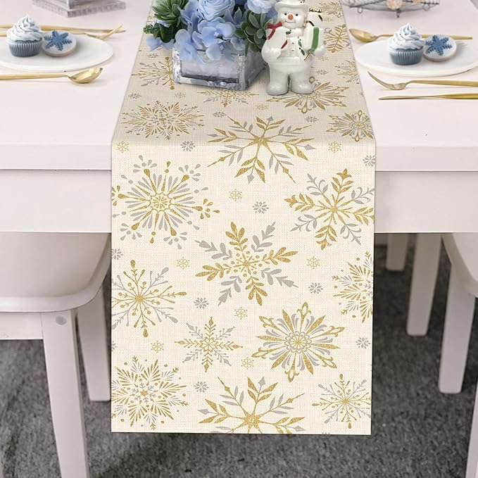 Winter Gold Snowflake Dining Table Runner, Golden Snow Glitter Burlap Kitchen Decoration, Christmas Seasonal Indoor Outdoor Home Decor Party Supply 13 x 72 Inches