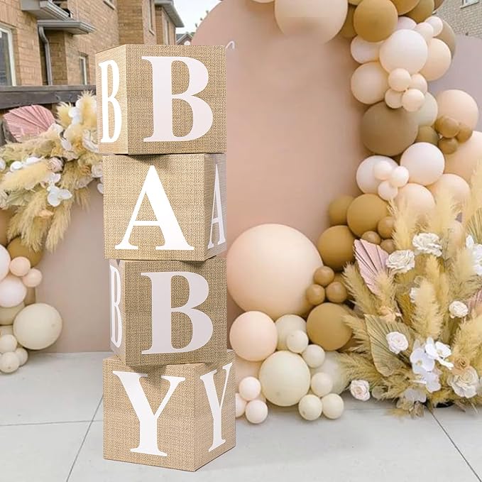 Baby Boxes with Letters for Baby Shower, 4pcs Balloon Boxes with Printed Letters for Gender Reveal Birthday Wedding Baby Shower Decorations(Burlap)