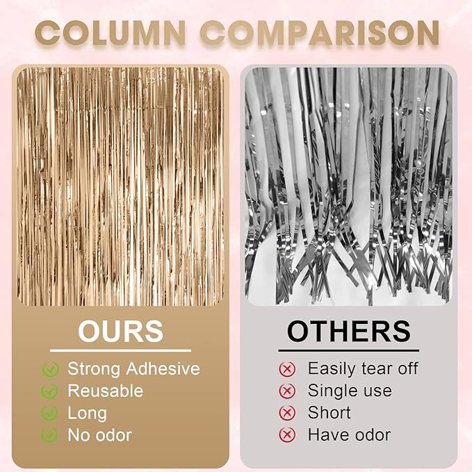 3 Pack 3.3x8.2 Feet Champagne Foil Fringe Backdrop Curtains, Tinsel Streamers Birthday Party Decorations, Fringe Backdrop for Graduation, Baby Shower, Gender Reveal, Disco Party