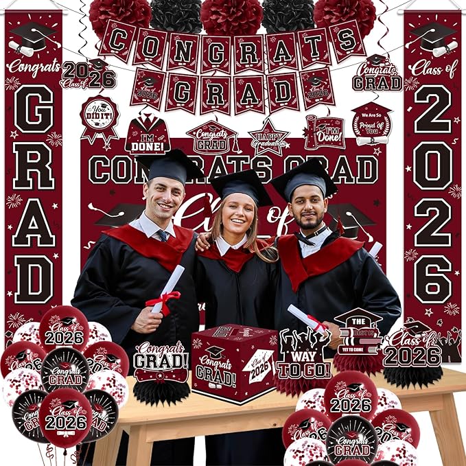 Graduation Decorations 2026 Maroon Party Decor Set with Congrats Grad Banner, Class of 2026 Backdrop, Balloons, Box & Streamers Supplies for High School & College Celebrations
