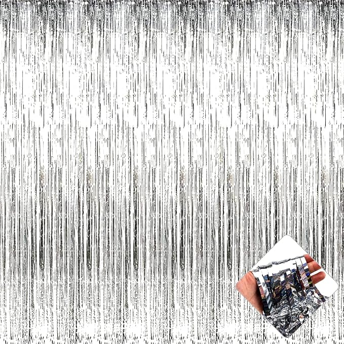 4 Pack 3.2Ft x 9.8Ft Silver Foil Fringe Curtain Backdrop, Metallic Tinsel Foil Fringe Streamers Curtains for Party, Photo Booth Props, Birthday, Wedding, Christmas Party Decoration Supplies