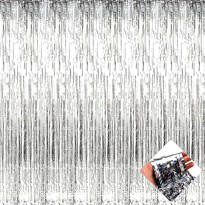 4 Pack 3.3Ft x 6.6Ft Silver Foil Fringe Curtain Backdrop, Metallic Tinsel Foil Fringe Streamers Curtains Background for Photo Booth, Birthday, Wedding, Halloween, Christmas Party Decoration