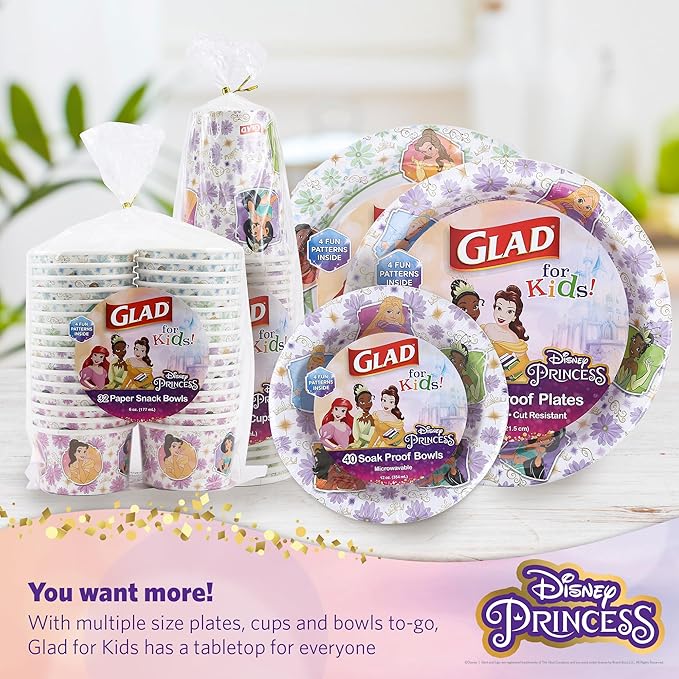 Glad for Kids Disney Princess Disposable Paper Plates, Floral Frames - Heavy Duty, Soak Proof, Microwavable, Kid-Friendly Snack Plates for Everyday Use, 10 Inch, 30 Count