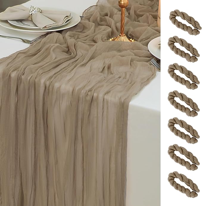 Snowkingdom 6PCS Light Brown Christmas Cheesecloth Table Runner, 120 inch Long Tan Boho Gauze Sheer Runner for Wedding Baby Shower Birthday Xmas Holiday Party Table Decorations