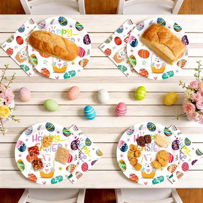 Easter Plates and Napkins Set for 20 Guests - 40 Pcs Disposable Easter Dinnerware, 9 Inch Colorful Egg & Bunny Paper Plates 20pcs and Napkins 20pcs for Dinner, Spring Party Decorations