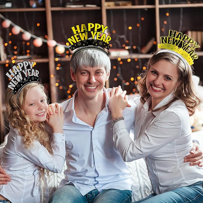 Melisheer 12 PCS New Years Eve Party Supplies, Happy New Years Headband Party Favors Gold Silver Black Headband Accessories