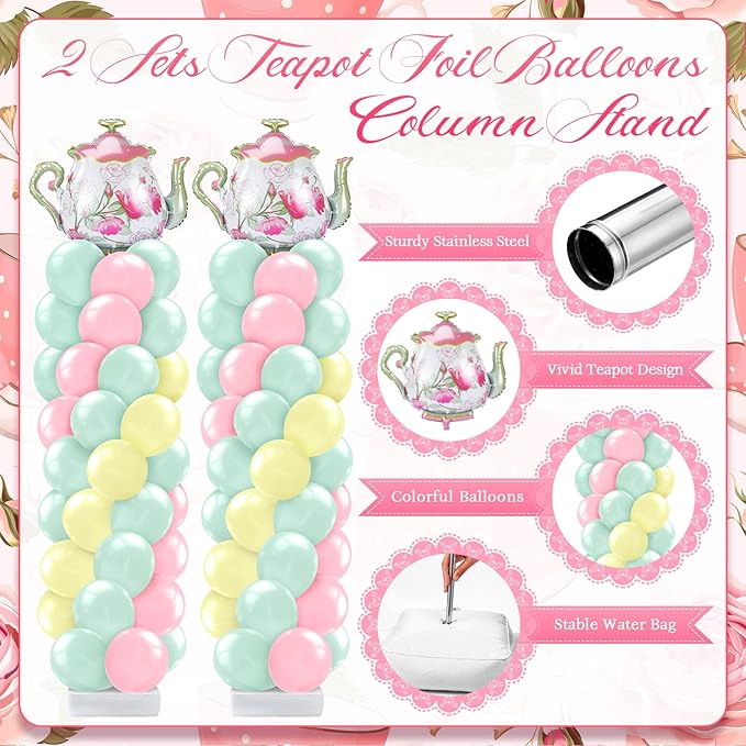 Kasyat 2 Set Tea Party Decorations Balloon Column with Adjustable Balloon Stand Kit, Teapot Balloons for Spring Bridal Shower Wedding Birthday Garden Party, Pastel Macaron Arch Supplies