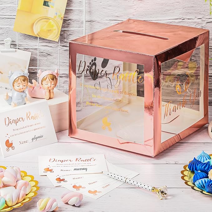 Funrous 51 Diaper Raffle Tickets with Box for Baby Shower Game Invitations Diaper Raffle Card for Gender Reveal Baby Shower Party Decoration Table Centerpiece(Clear Rose Gold)