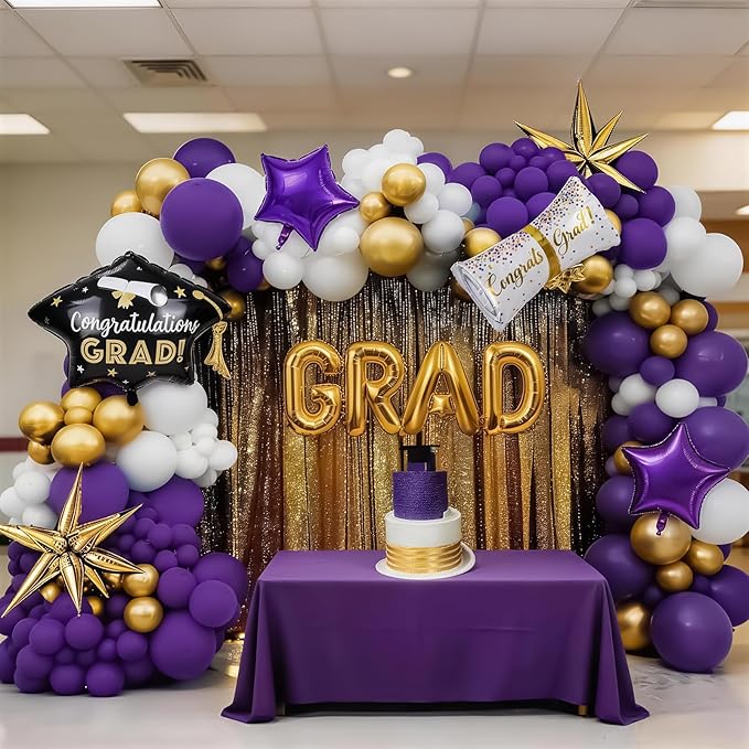 Purple Graduation Balloons Garland Arch Kit, 115 PCS Purple Gold White Graduation Star Print Certificate Grad Foil Balloons with Gold Explosion Star Balloon for Graduate Class of 2026 Prom Party Decor