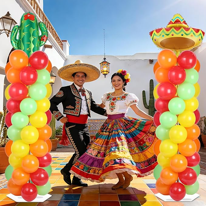 2 Sets Mexican Fiesta Balloon Column Stand Kit with 102 Balloons 5.57Ft Adjustable Balloon Tower Stand with Base Floor Cactus Sombrero Adjustable Arch Column for Mexican Fiesta Birthday Party Supply