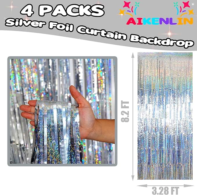 4 Pack 3.2Ft x 8.2Ft Silver Foil Fringe Curtain Backdrop, Metallic Tinsel Foil Fringe Streamers Curtains Background for Photo Booth, Birthday, Wedding, Disco, Bachelorette, Christmas Party Decoration
