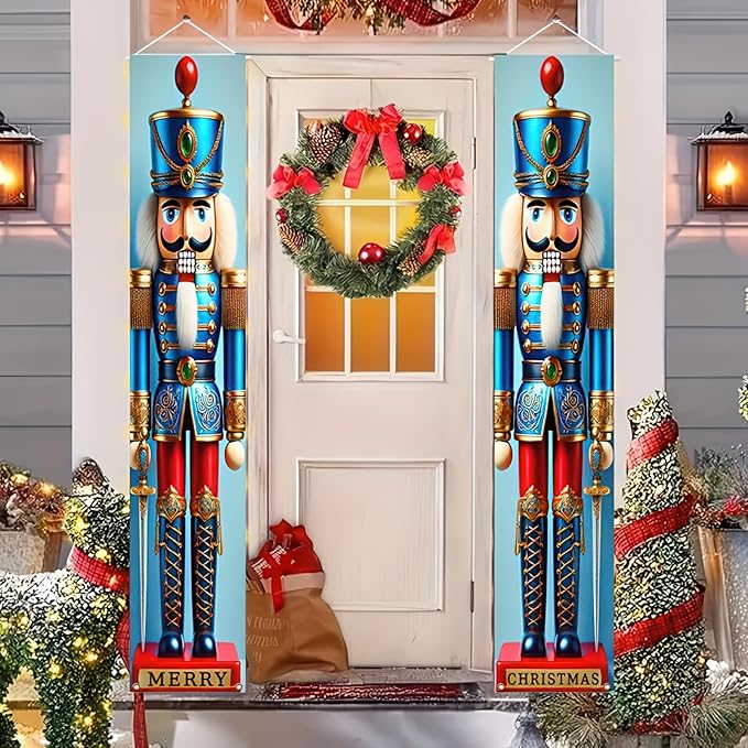 Blue Nutcracker Christmas Porch Banner Set 71"x12" Christmas Door Banner Xmas Nutcracker Soldier Outdoor Doorway Hanging Sign for Front Yard Holiday Kids Party Xmas Decoration