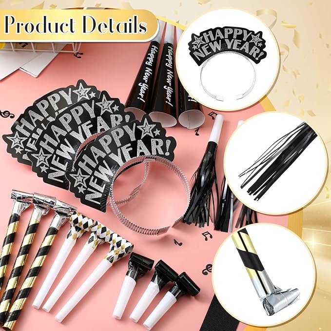 Lenwen 18 Pcs Happy New Years Eve Party Supplies New Year Noise Makers Headband Tiara Party Horn Blowers Whistles Fringed Noisemaker Novelty Favors for Adult Decoration(Black)