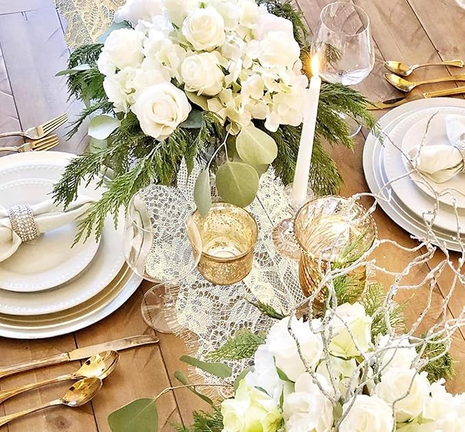 6 Pcs White Lace Table Runner 14 x 120 Inch Embroidered Boho Table Runner for Wedding Party Bridal Shower Decorations Vintage Rustic Table Runners