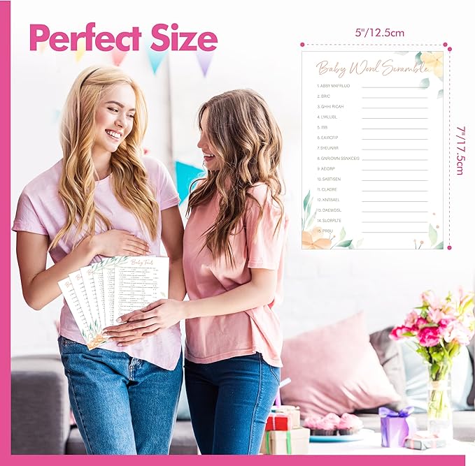 55PCS Baby Shower Games, Word Scramble & Trivia Facts with Answer Keys Double-sided Game Card Fun Baby Shower Party Games Gender Neutral for Girls or Boys