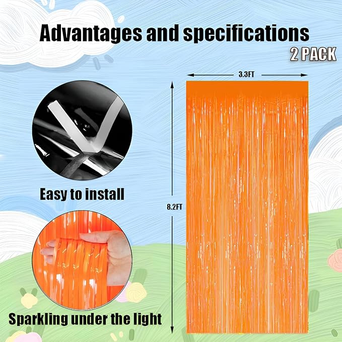Valentines Day 2 Pack 3.3 * 8.3 ft Foil Curtain Metallic Tinsel Fringe Curtains Photo Booth Props Backdrop for Birthday Wedding Engagement Baby Christmas Holiday Celebration Party, Macaron Orange