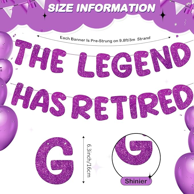 Fulmoon Pre Strung the Legend Has Retired Glitter Banner 9.8 ft Retirement Banner Retirement Party Decorations Garland Bunting for Men Women Gifts, No DIY(Purple)