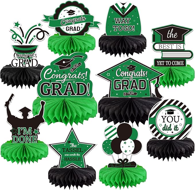 10PCS Graduation Decorations Class of 2025 Centerpieces, Congrats Grad Honeycomb Table Toppers for Graduation Party Favors, 2026 Graduation Party Decorations (10PCS, Green & Black)