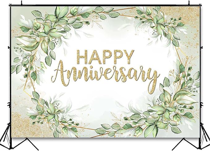 Avezano Happy Anniversary Backdrop Sage Green Leaves Anniversary Banner Wedding Party Decorations Photo Booth Background (7x5ft)