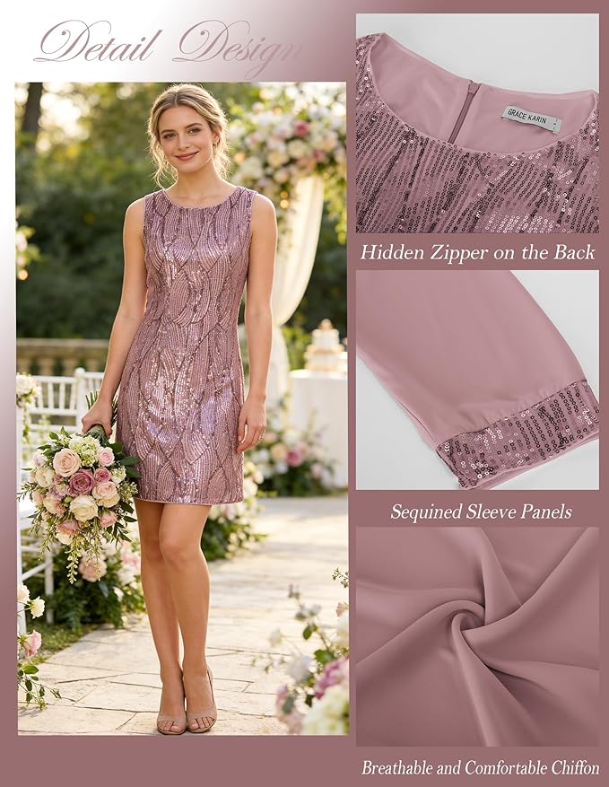 GRACE KARIN Women's Sequin Dress - Wedding Guest & Mother of The Bride Formal Dress - Two Piece Knee Length