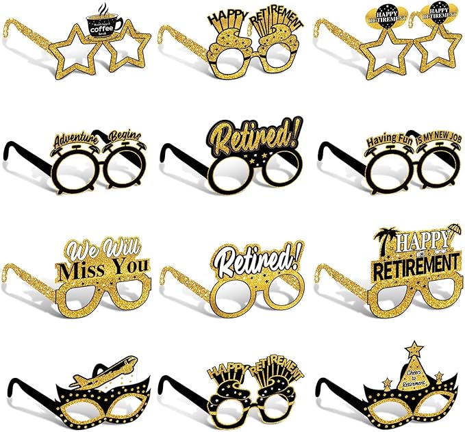 24Pcs Retirement Party Decorations Paper Glasses for Men Women, Black Gold Happy Retirement Paper Eyeglasses Party Supplies, Funny Farewell Retired Party Glasses Photo Props Decor