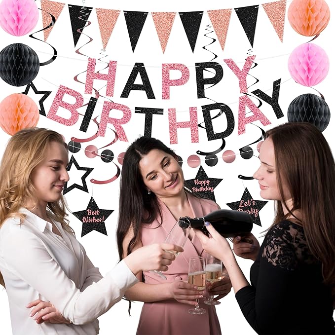 Birthday Decorations Pre-Strung Happy Birthday Banner for Women Girls Rose Gold Black Birthday Banners with Pennant Honeycomb Balls Cake Topper Stars Hanging Swirl Streamers Circle Dots Garland