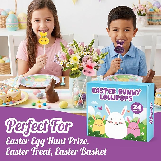 Easter Bunny Lollipops With Natural Colors – 24 Count Individually Wrapped Candy, Bunny Shaped Lollipops for Basket Stuffers, Easter Candy, Party Favors & Spring Candy for Kids.
