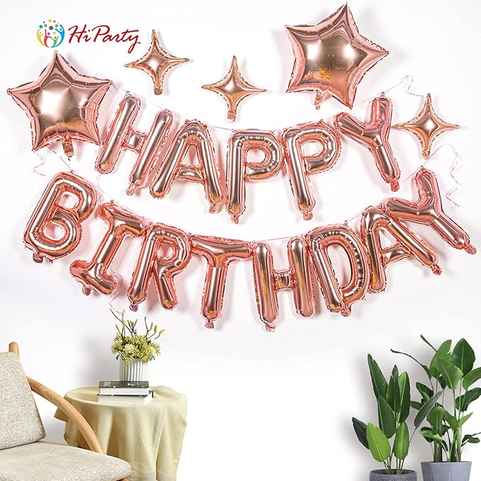 23pcs Birthday Balloons Banner, 3D Rose Gold Mylar Foil Letter Happy Birthday Banner with 5pcs Star Balloons Kits for Kids Girls Boys Men Adults Birthday Party Decorations Supplies