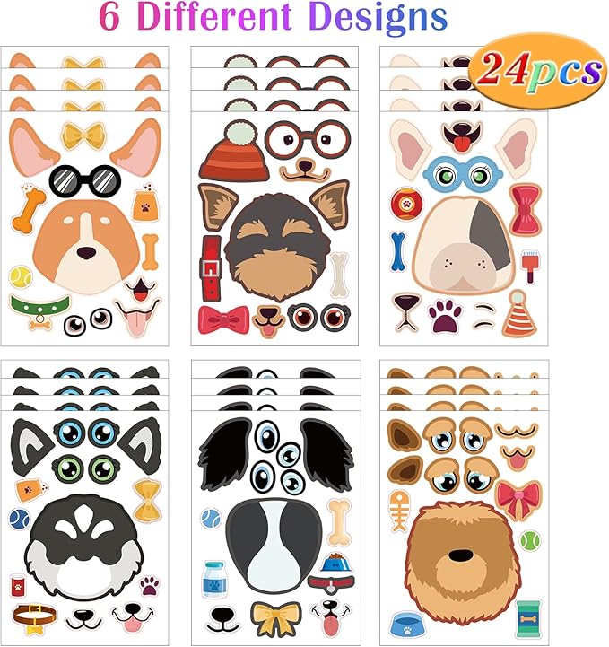 24 Sheets Dog Make a Face Sticker Sheets for Kids Todders Activities, Make Your Own Stickers for Kids Birthday Party Favor Supplies Craft
