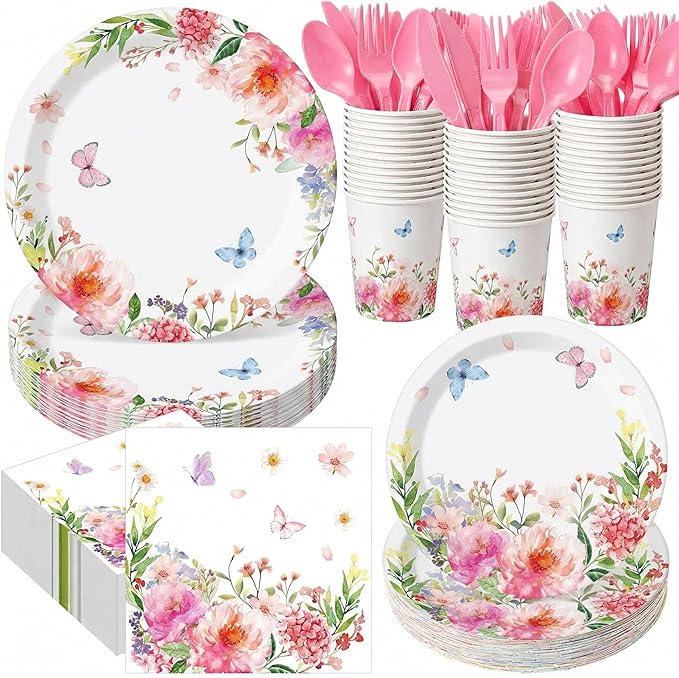 400 Pcs Floral Disposable Paper Plates Napkins and Cups Serves 50 Spring Watercolor Pink Floral Tableware Set for Wedding Tea Party Decoration Bridal Shower Baby Shower Mother's Day