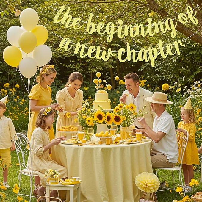 BEISHIDA Glitter Light Yellow The Beginning of A New Chapter Banner,Pre-Strung Farewell Book Themed Housewarming Party Congratulations Decorations,Going away party Garland,Graduation Sign 2026 Banner,retirement Supplies