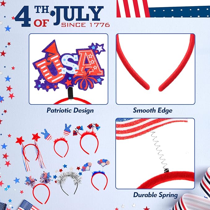 Retrowavy 24 Pcs Patriotic Head Boppers Headband 4th of July American Flag Headband Independence Day Accessories Red White Blue America Headband Bulk for Adults Veteran Day Party Favor Supplies Decor