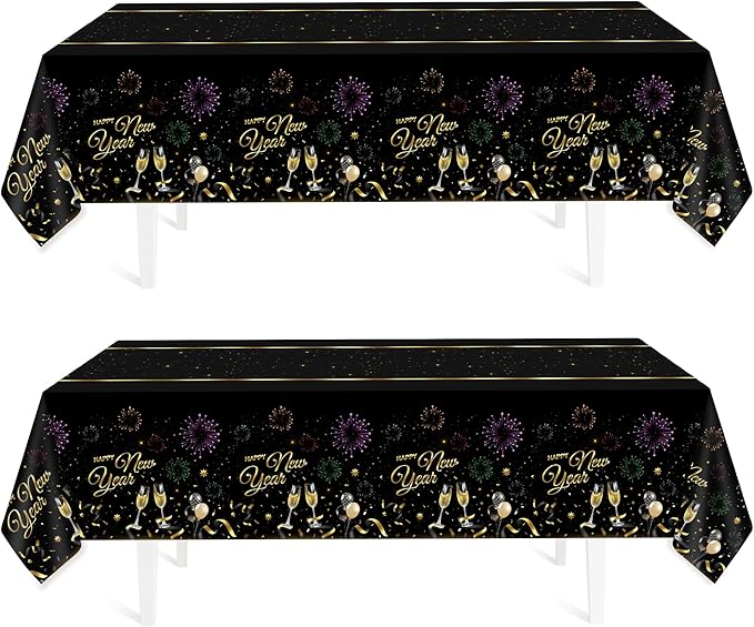 Childom 2 Pack Happy New Year Tablecloths,Happy New Years Decorations 2026,Disposable Rectangular Tablecloths Plastic 54"x108",Black and Gold Table Cloth for Home Dining Outdoor Holiday Party Supplies