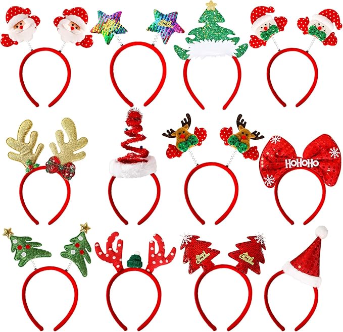 MGparty 12 Pieces Christmas Headbands Christmas Parties Favors Decoration Supplies Xmas Gifts Photo Booth Xmas Tree Snowman Reindeer Antlers Santa Hat