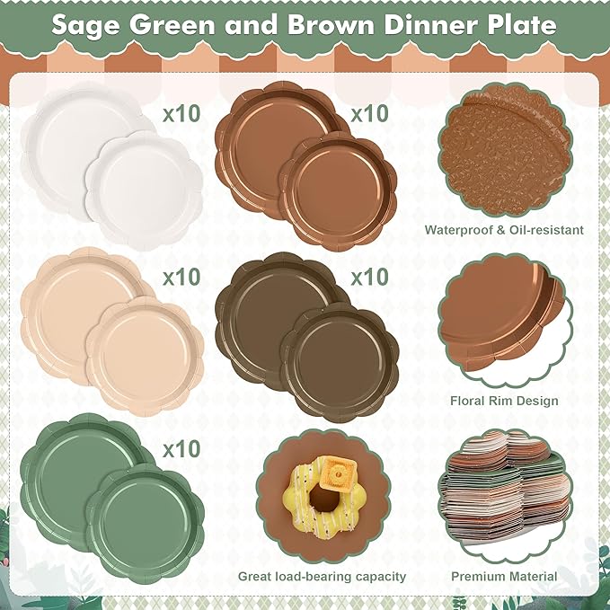350 Pcs Woodland Baby Shower Party Supplies Set - Sage Green and Brown Paper Plates and Napkins Set Include Scalloped Paper Plate Napkin Cup Spoon Fork Knife for Safari Jungle Baby Shower Decorations
