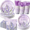 400 Pcs Purple Lavender Birthday Decorations for 50 Guests, Lavender Floral Butterfly Paper Plates Napkins and Cups Set with Cutlery, Lilac Tableware for Spring Birthday Party Supplies