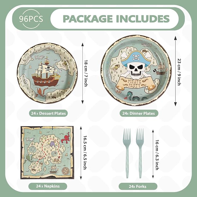 Grencian 96Pcs Pirate Party Supplies Vintage Treasure Map Ship Plates and Napkins Tableware Sets Light Green Pirate Children Theme Decoration for Baby Shower Birthday Theme Party Favors Serve 24