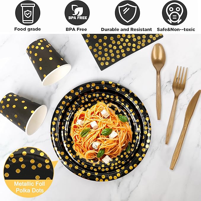 176 PCS Black Gold Party Dinnerware Set Black Golden Dot Disposable Dinnerware Plate Napkins Cups Gold Plastic Forks Knives Spoons Tablecloth Party Supplies Birthday Graduation New Years