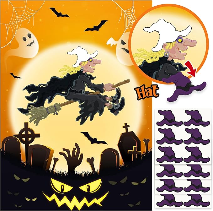 Halloween Pin The Hat on The Witch Party Games Poster with 24 Stickers Fun Hocus Pocus Entertaining Activities Holiday Carnival Celebrations Birthday Party Decorations Supplies Wall Decor for Kids