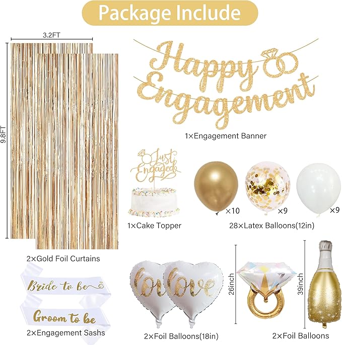 Trgowaul Champagne Gold Engagement Party Decorations, Happy Engagement Banner Backdrop, Bride&Groom Sash for Bridal Shower, Ring Foil Balloon, Just Engaged Cake Topper Wedding Shower Decor