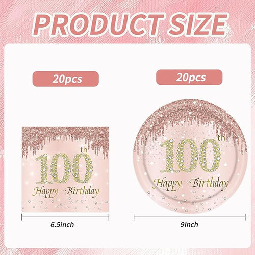 100th Rose Gold Birthday Plates and Napkins, 9 Inch Pink Rose Gold Disposable Dinner Dessert Plates Happy 100th Birthday Party Supplies Decorations for Girls Women
