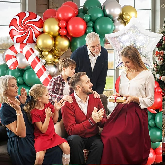 Christmas Balloon Arch, Red Green Gold Balloon Garland, Metallic Silver Red Candy Canes Sweet Candy Iridescent Star long Balloons For Christmas Theme Party Celebration Birthday Baby Shower Wedding
