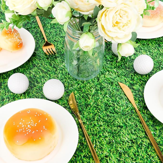 54 x 108 Inch Grass Party Tablecloths Disposable Plastic Green Table Cover for Golf Birthday Party Hole in One Decorations Outdoor Indoor Supplies
