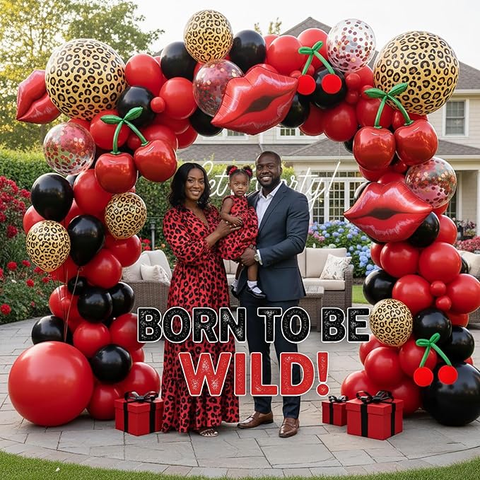 Red Black cheetah Balloon Garland Arch Kit Cherry Birthday Decorations with leopard print backdrop Cheetah Print Cherry mylar Balloons for Girl birthday Baby Shower Bachelorette Party supplies