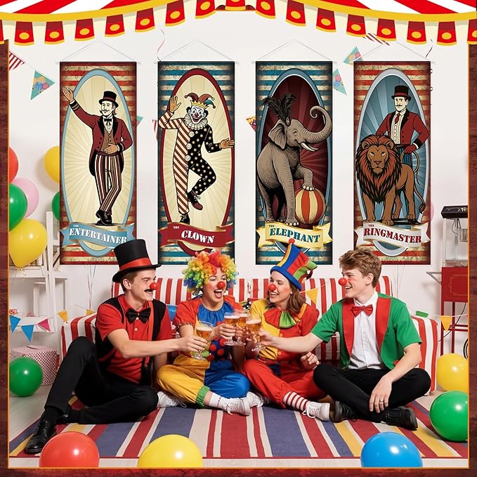 Panelee 4 Pcs Vintage Carnival Circus Party Decorations Circus Clown Elephant Ringmaser Porch Banner Side Show Party Hanging Backdrop for Halloween Birthday Baby Shower Wall Indoor Outdoor Decor