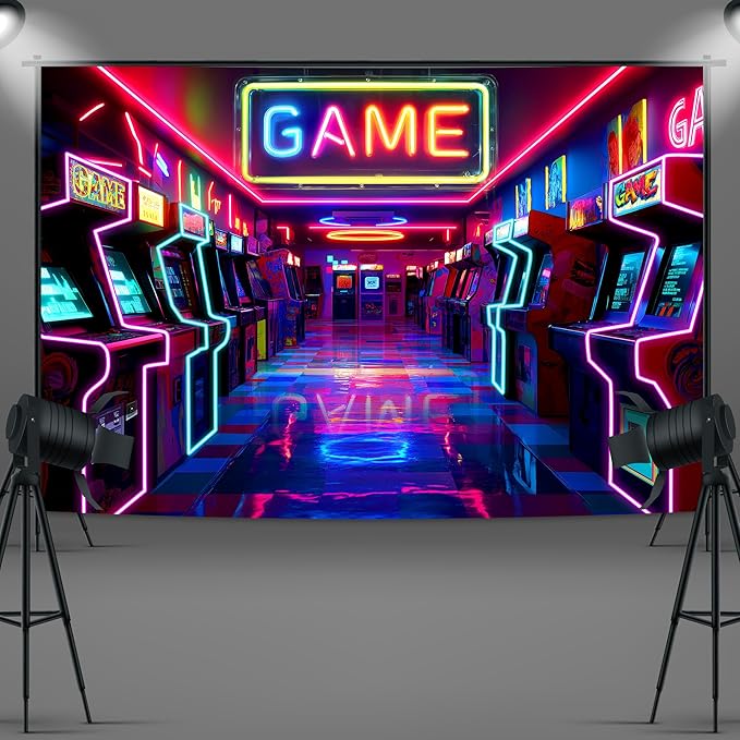Imirell Arcade Game Neon Backdrop 8Wx6H Feet Retro Gaming Gamer Themed Colorful Video Game Room Playroom Cool Modern Polyester Fabric Boys Photography Backgrounds Photo Shoot Decor Props Decoration