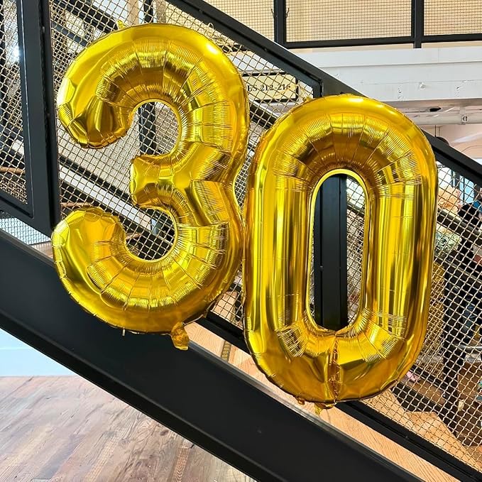 30 Gold Number Balloons, 40 Inch Balloons for Woman Man 30th Birthday Party Decoration, Foil Number Ballon for 30 Anniversary, Bridal Shower, Graduation, Valentine's Day, Mother's Day, Easter